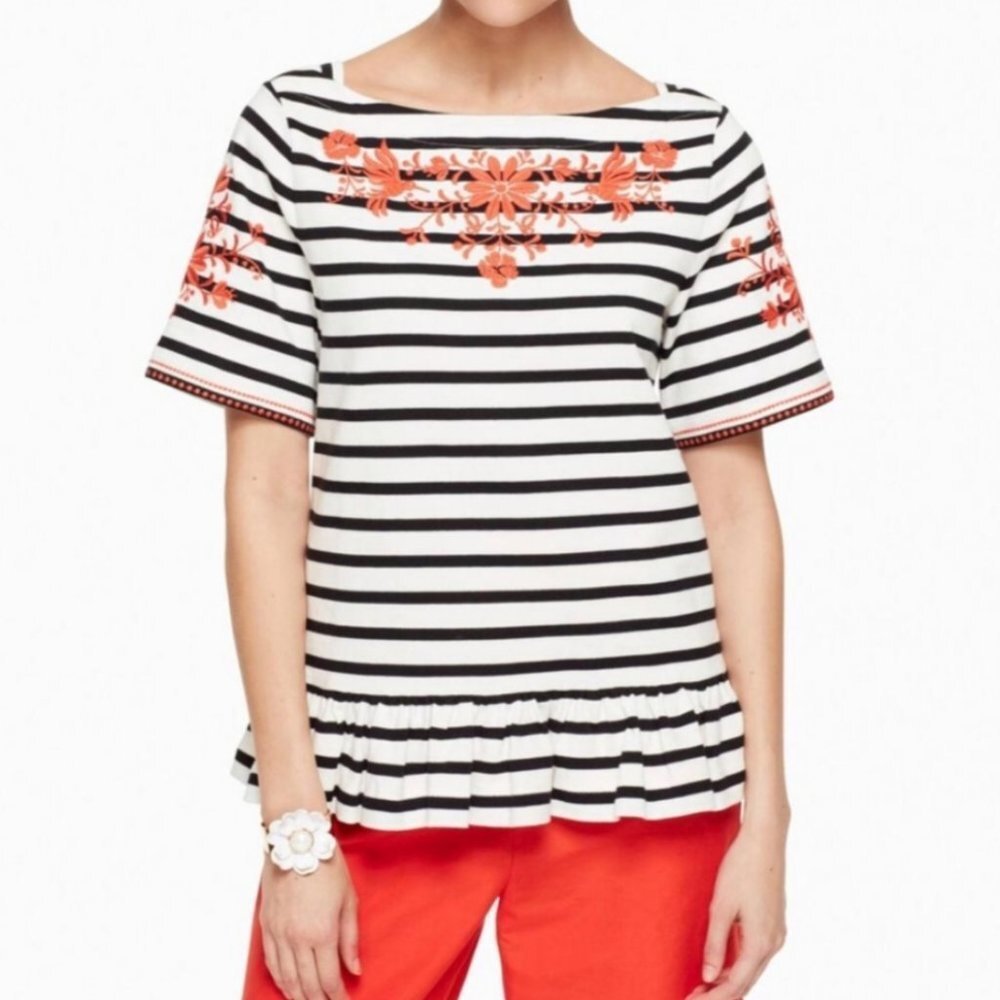 Kate Spade Broome street stripe embroidered top short sleeve